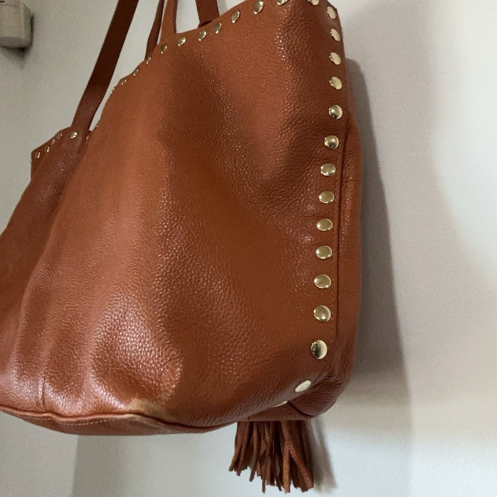 Laggo Brown Pebbled Leather Tote Bag Gold Studded Fringe Tassel Shoulder Bag